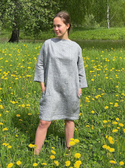 Elegant boat neck linen tunic dress in melange gray handmade for timeless style.