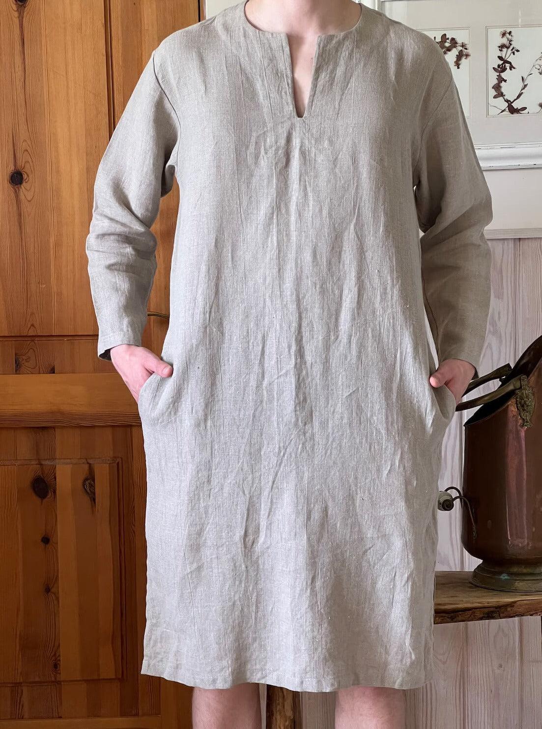 Custom length linen caftan displayed for a tailored fit