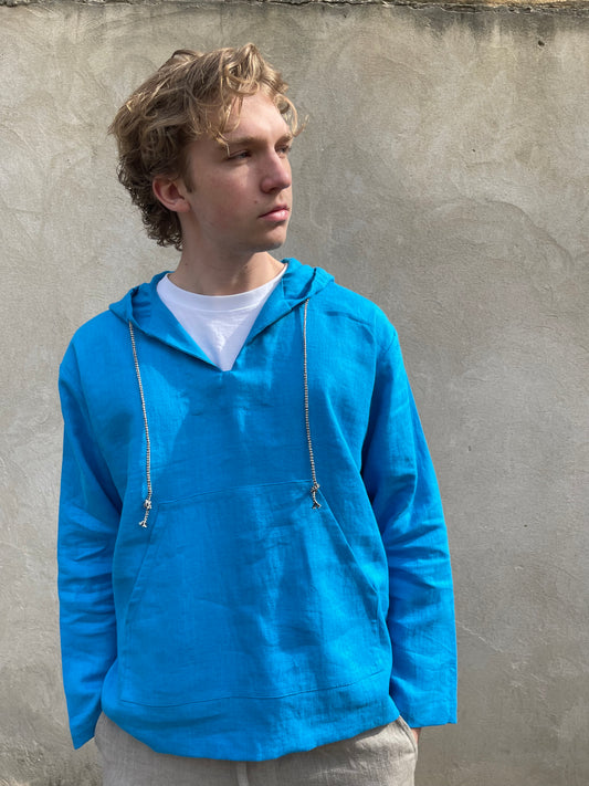 Turquoise Blue Mens Linen Hoodie with Front Pocket