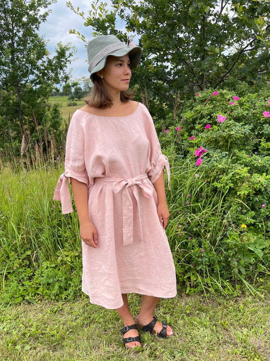 Salmon Color Linen Dress with Tie Belt