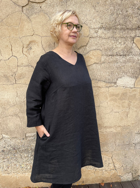 Elegant Black Linen Tunic Dress with V-Neck and A-Line Silhouette