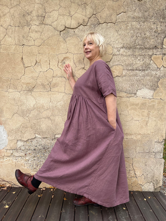 Plum Color Linen Maxi Dress with Half-Length Sleeves