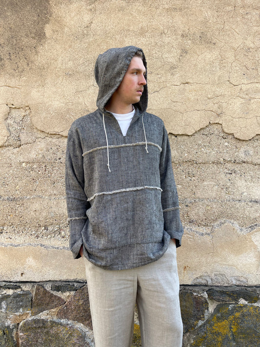 Herringbone Pattern Mens Linen Hoodie with Front Pocket