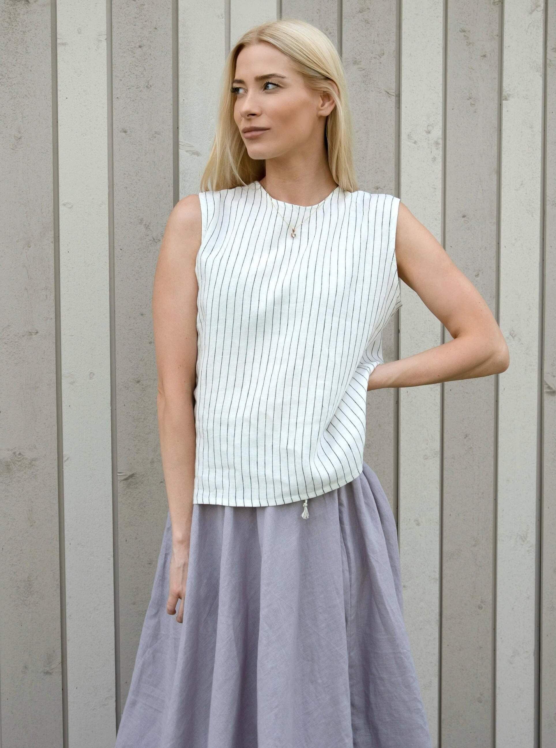 Wavy Linen A-line Skirt - Flared Skirt with Elastic Waist