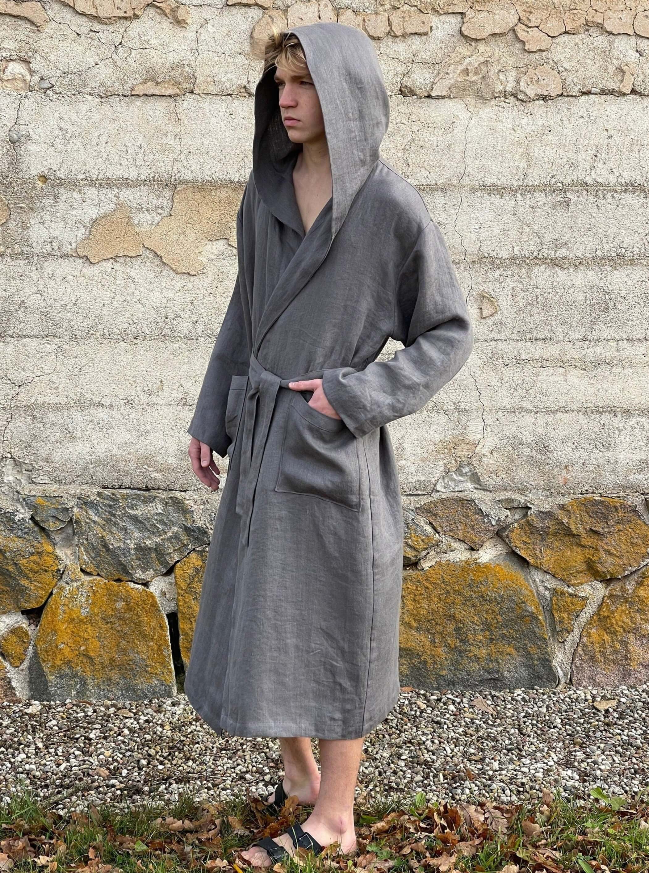 Men s Linen Robe with Hood Tailor Made Plus Size Kimono Robe